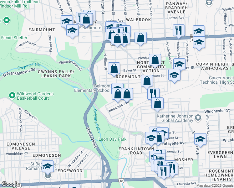 map of restaurants, bars, coffee shops, grocery stores, and more near 1406 North Ellamont Street in Baltimore