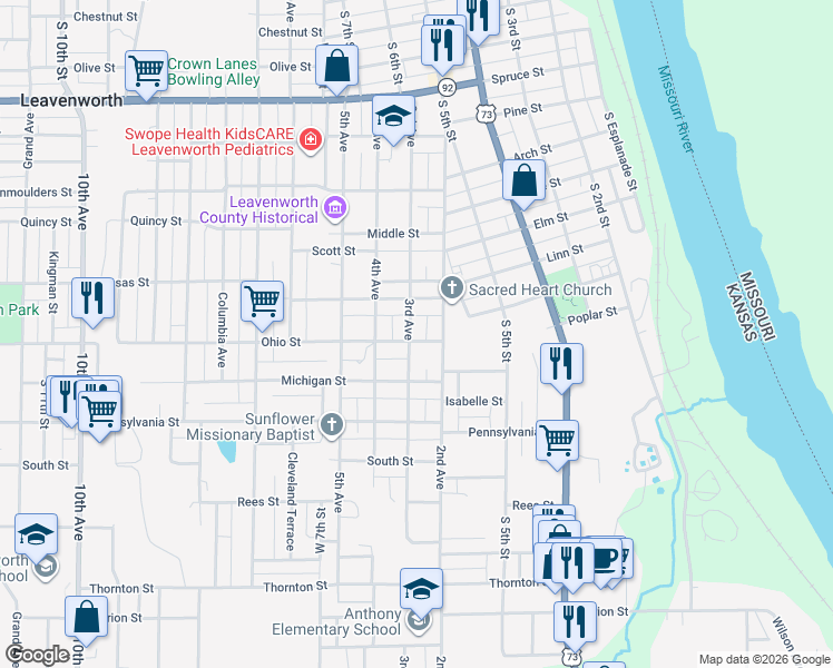 map of restaurants, bars, coffee shops, grocery stores, and more near 1467 3rd Avenue in Leavenworth