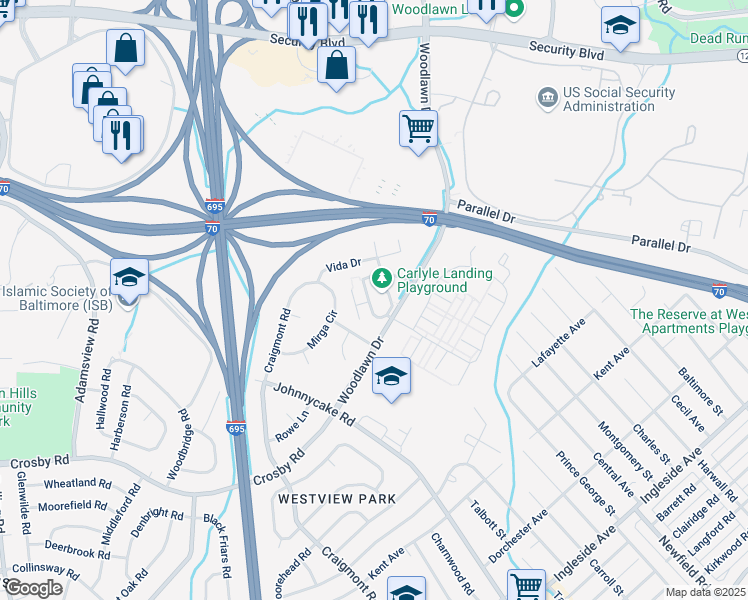 map of restaurants, bars, coffee shops, grocery stores, and more near 6311 Monika Place in Woodlawn