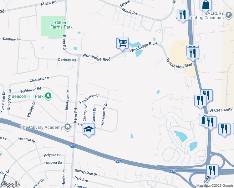 map of restaurants, bars, coffee shops, grocery stores, and more near 678 Yorkhaven Road in Springdale