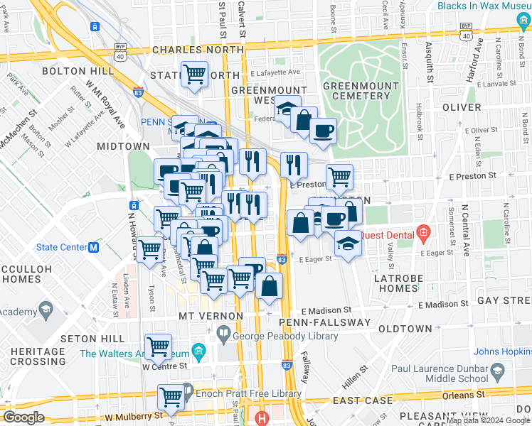 map of restaurants, bars, coffee shops, grocery stores, and more near 209 East Biddle Street in Baltimore