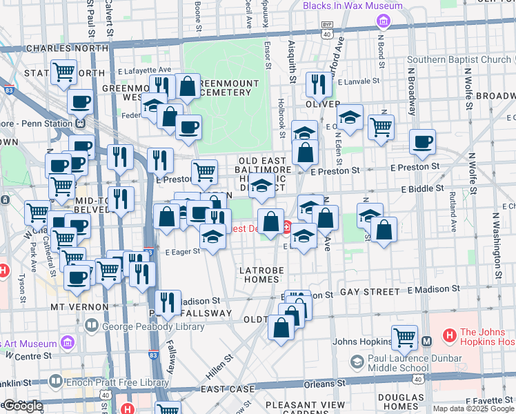 map of restaurants, bars, coffee shops, grocery stores, and more near 1101 Valley Street in Baltimore