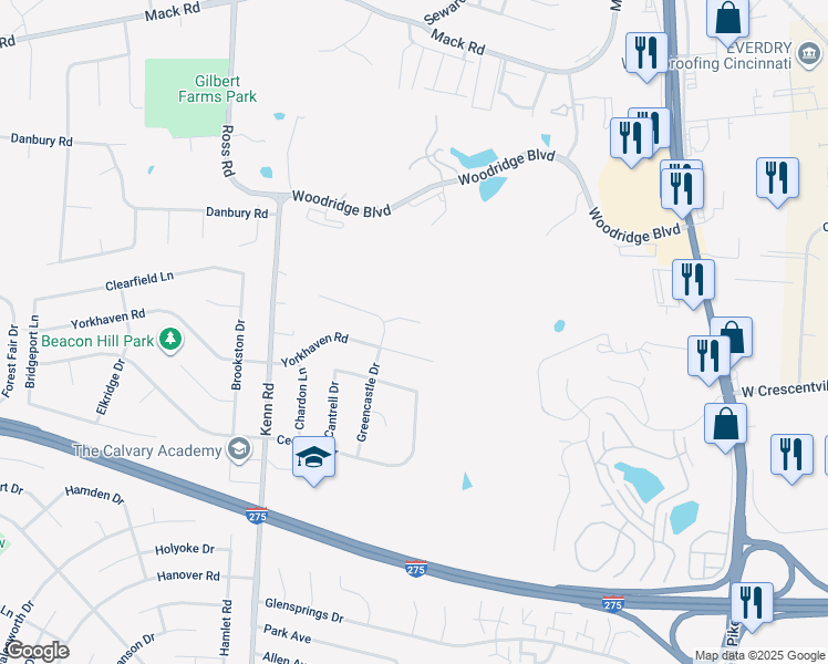 map of restaurants, bars, coffee shops, grocery stores, and more near 678 Yorkhaven Road in Springdale