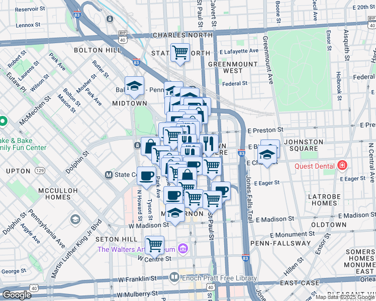 map of restaurants, bars, coffee shops, grocery stores, and more near N Charles St & E Biddle St & W Biddle St in Baltimore