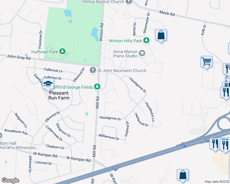 map of restaurants, bars, coffee shops, grocery stores, and more near 1570 Pleasant Run Drive in Cincinnati