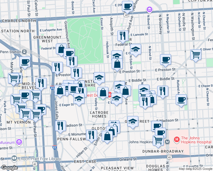 map of restaurants, bars, coffee shops, grocery stores, and more near 1129 Willinger Court in Baltimore