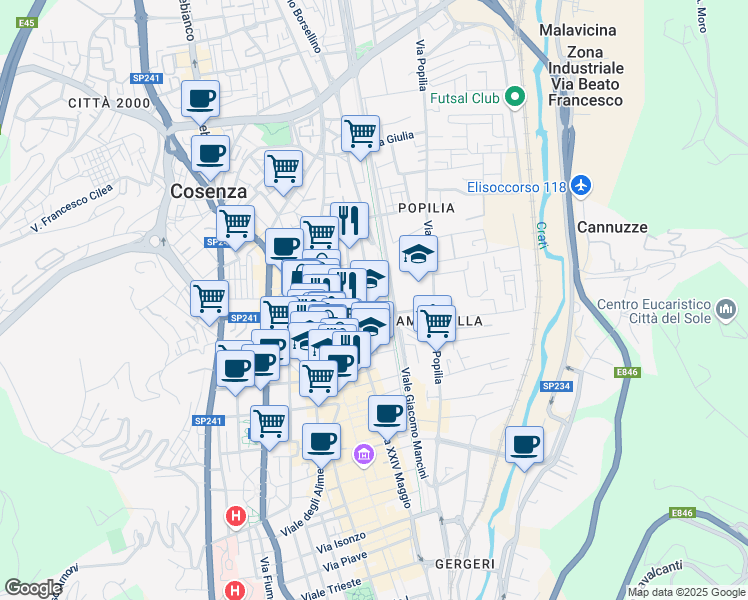 map of restaurants, bars, coffee shops, grocery stores, and more near 10 Via Consalvo Aragona in Cosenza