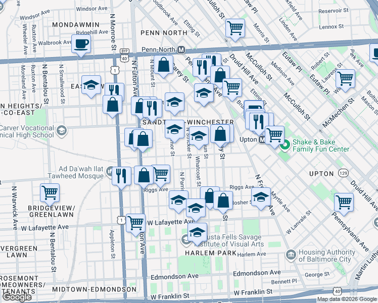 map of restaurants, bars, coffee shops, grocery stores, and more near 1310 North Stricker Street in Baltimore