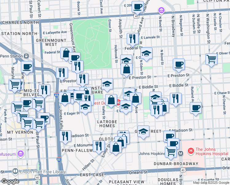 map of restaurants, bars, coffee shops, grocery stores, and more near 1129 Willinger Court in Baltimore