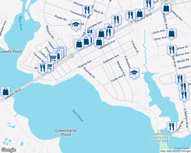 map of restaurants, bars, coffee shops, grocery stores, and more near 315 Riverside Drive in Essex