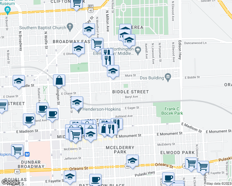 map of restaurants, bars, coffee shops, grocery stores, and more near 2507 East Chase Street in Baltimore