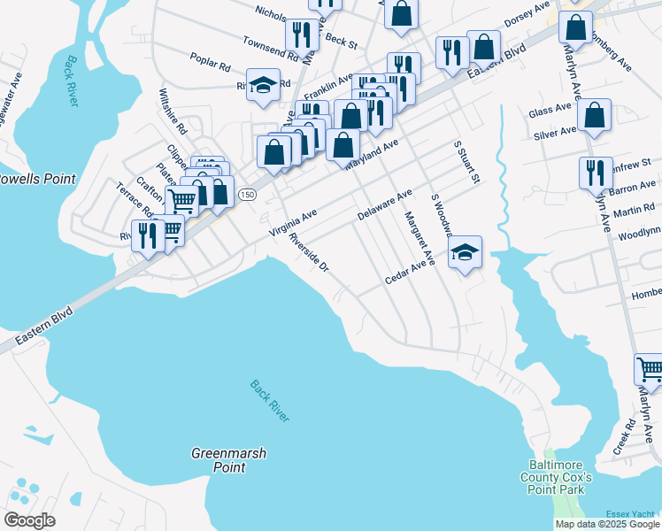 map of restaurants, bars, coffee shops, grocery stores, and more near 315 Riverside Drive in Essex