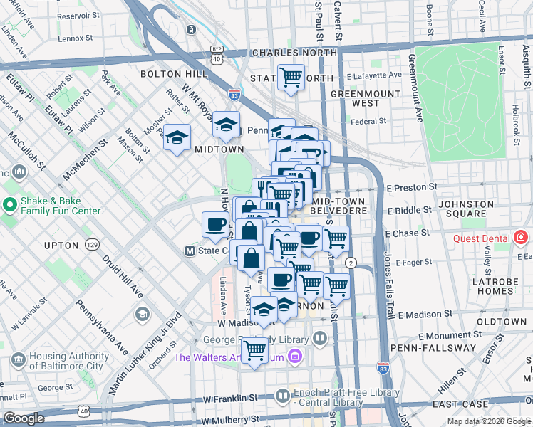 map of restaurants, bars, coffee shops, grocery stores, and more near 58 West Biddle Street in Baltimore