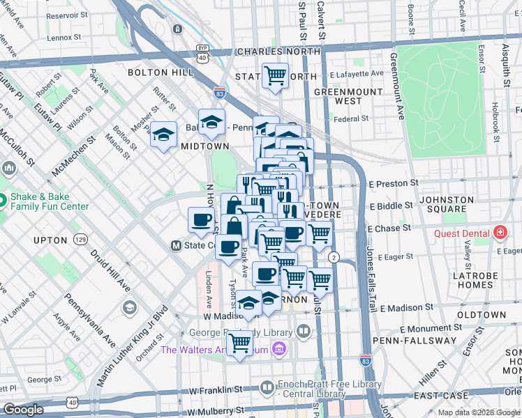 map of restaurants, bars, coffee shops, grocery stores, and more near 40 West Biddle Street in Baltimore