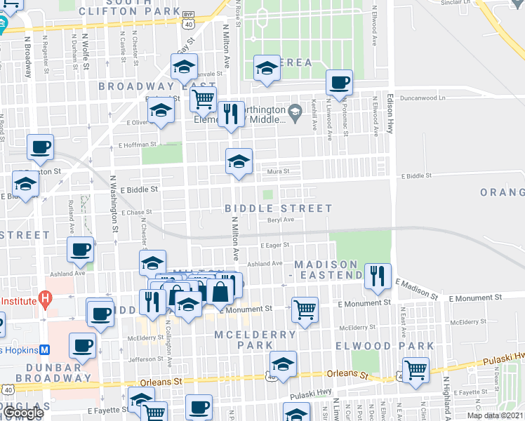 map of restaurants, bars, coffee shops, grocery stores, and more near 2607 East Chase Street in Baltimore