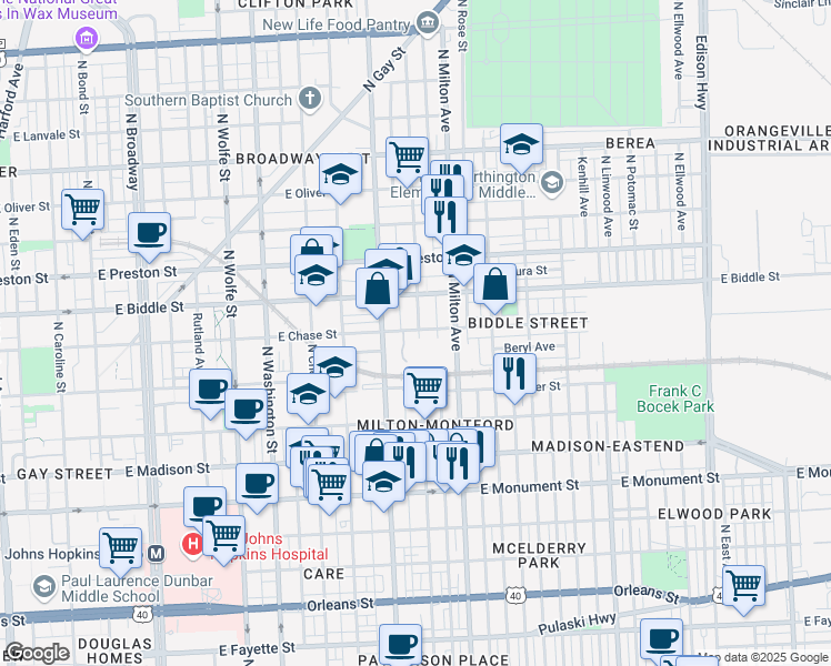 map of restaurants, bars, coffee shops, grocery stores, and more near 1000 North Montford Avenue in Baltimore