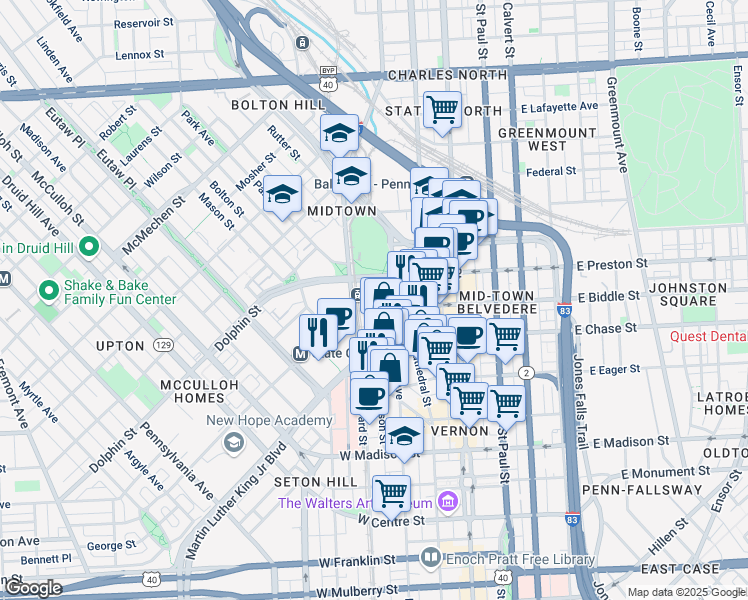 map of restaurants, bars, coffee shops, grocery stores, and more near 1040 Park Avenue in Baltimore