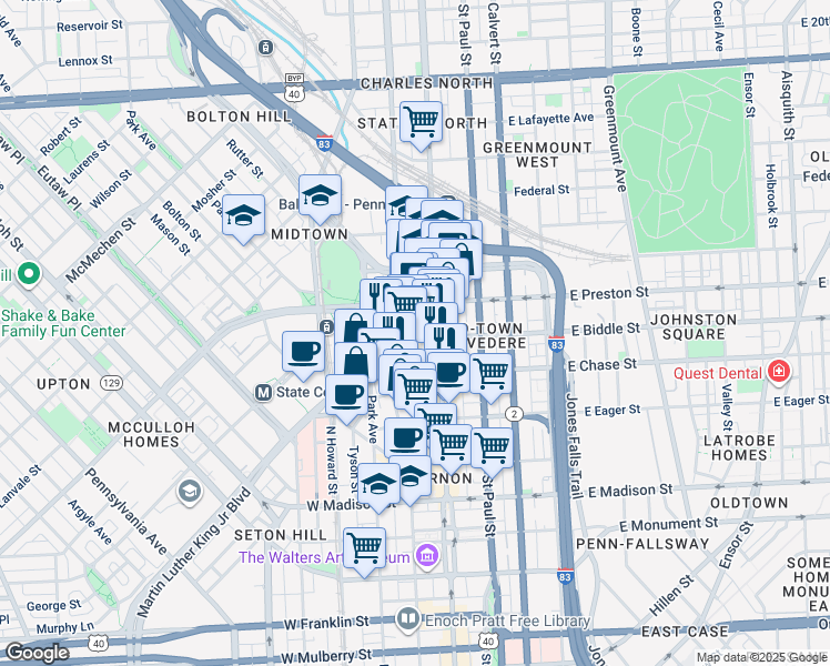 map of restaurants, bars, coffee shops, grocery stores, and more near 30 West Biddle Street in Baltimore