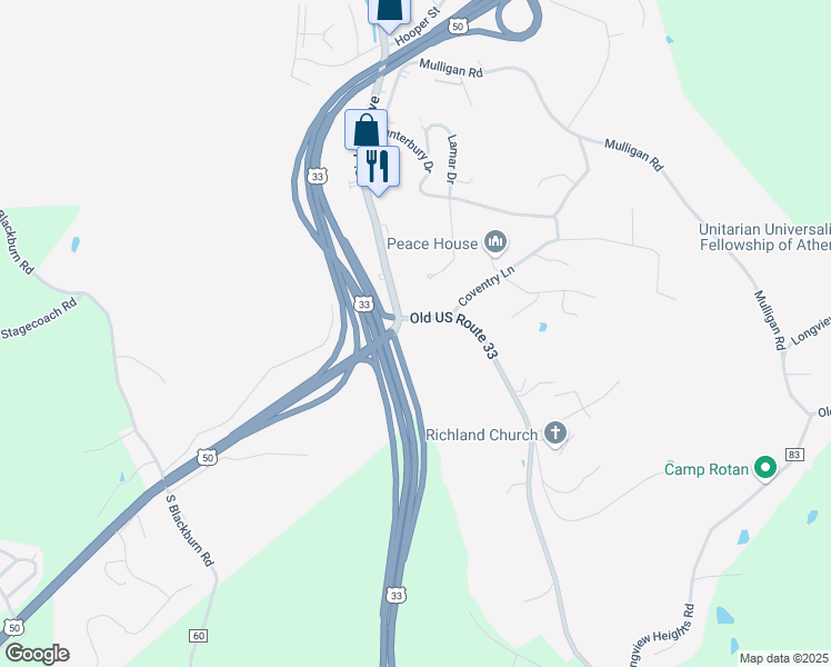 map of restaurants, bars, coffee shops, grocery stores, and more near 544 Richland Avenue in Athens