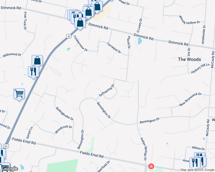 map of restaurants, bars, coffee shops, grocery stores, and more near 9854 Softspring Drive in Cincinnati