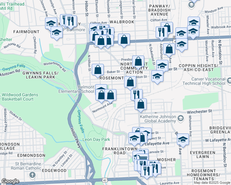map of restaurants, bars, coffee shops, grocery stores, and more near 3038 Belmont Avenue in Baltimore