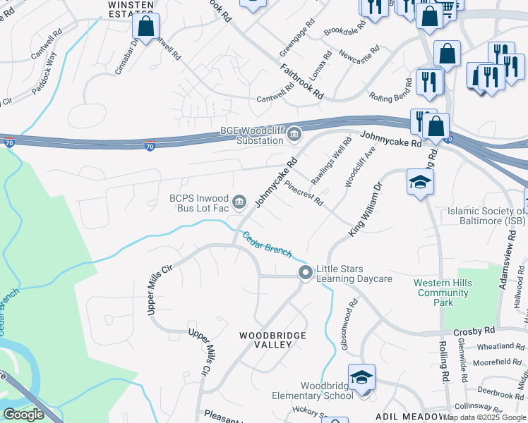 map of restaurants, bars, coffee shops, grocery stores, and more near 3 Forest Rock Court in Catonsville