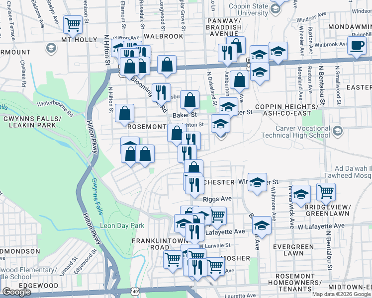 map of restaurants, bars, coffee shops, grocery stores, and more near 1402 Poplar Grove Street in Baltimore