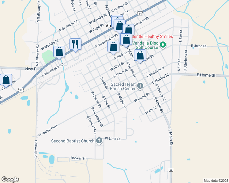 map of restaurants, bars, coffee shops, grocery stores, and more near 501 West Home Street in Vandalia