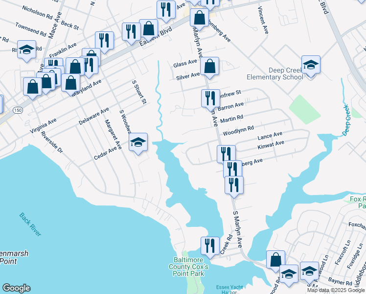 map of restaurants, bars, coffee shops, grocery stores, and more near 800 North Woodlynn Road in Essex