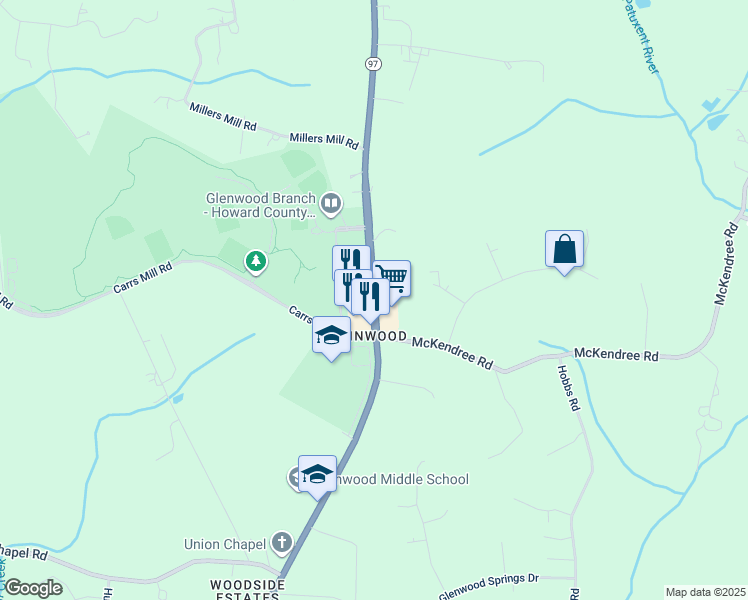 map of restaurants, bars, coffee shops, grocery stores, and more near 2397 Route 97 in Cooksville