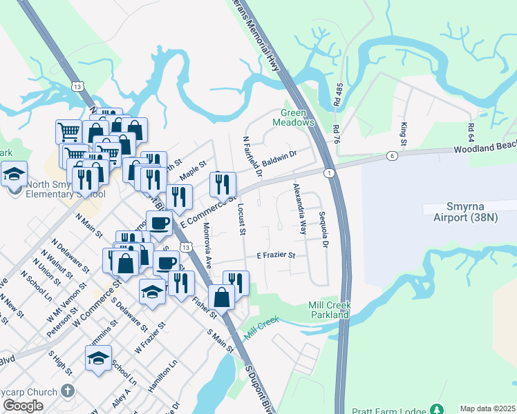 map of restaurants, bars, coffee shops, grocery stores, and more near 44 Locust Street in Smyrna