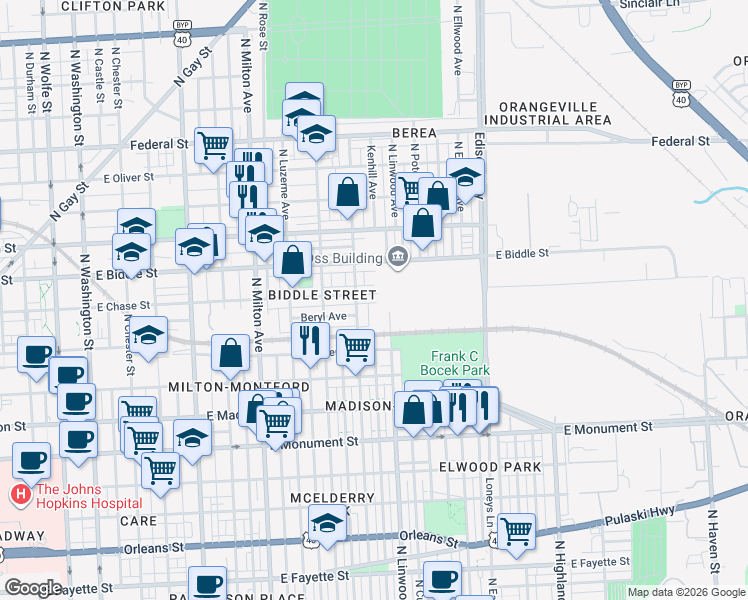 map of restaurants, bars, coffee shops, grocery stores, and more near 2825 East Chase Street in Baltimore
