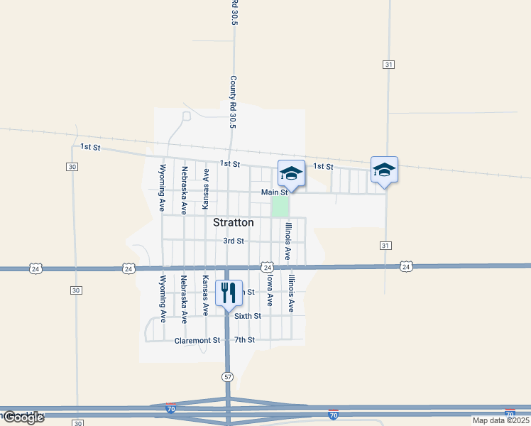 map of restaurants, bars, coffee shops, grocery stores, and more near 210 Iowa Avenue in Stratton
