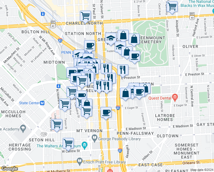 map of restaurants, bars, coffee shops, grocery stores, and more near 101 Independence Avenue Southeast in Washington