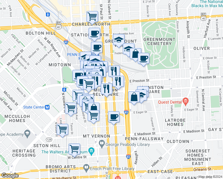 map of restaurants, bars, coffee shops, grocery stores, and more near 101 Independence Avenue Southeast in Washington