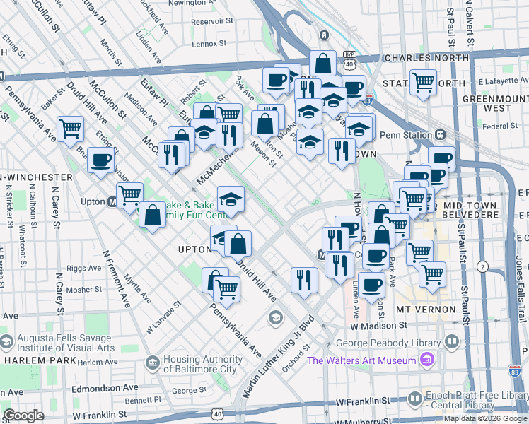 map of restaurants, bars, coffee shops, grocery stores, and more near 1316 Eutaw Place in Baltimore
