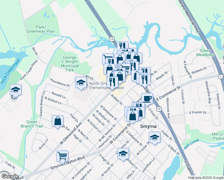 map of restaurants, bars, coffee shops, grocery stores, and more near Delaware 300 in Smyrna