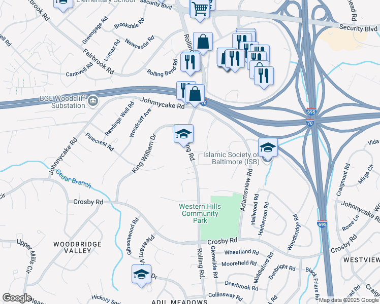 map of restaurants, bars, coffee shops, grocery stores, and more near 1505 North Rolling Road in Catonsville