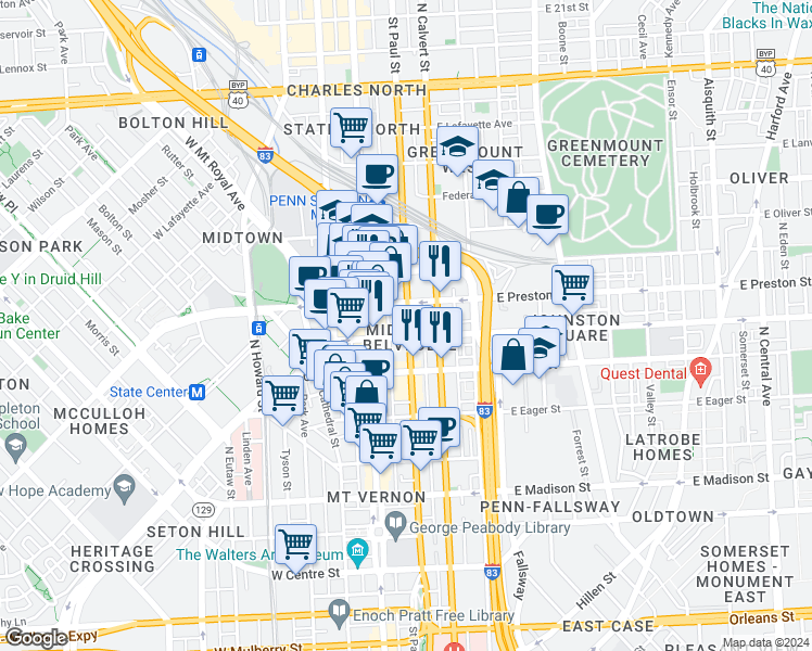 map of restaurants, bars, coffee shops, grocery stores, and more near 1210 St Paul St in Baltimore