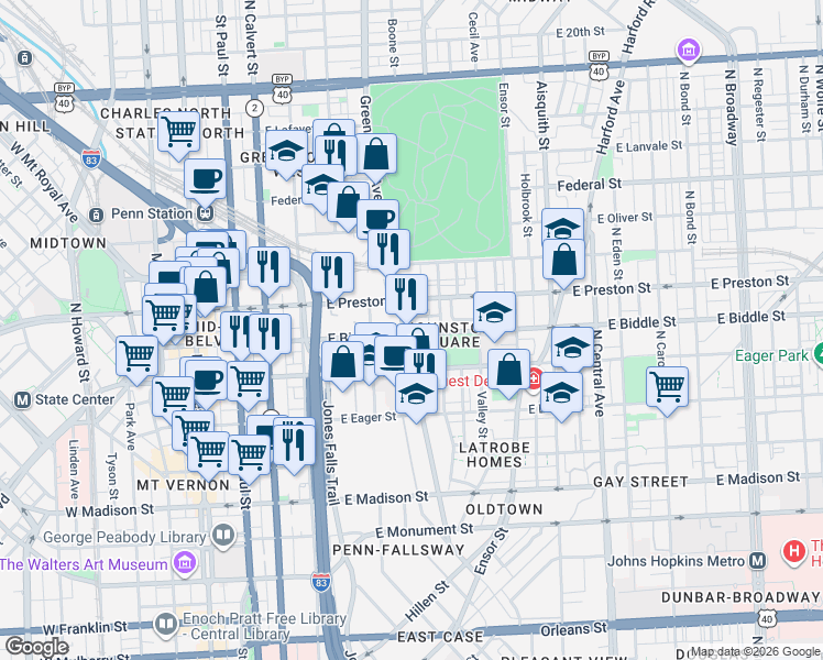 map of restaurants, bars, coffee shops, grocery stores, and more near 1201 Greenmount Avenue in Baltimore