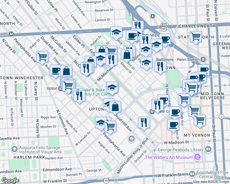 map of restaurants, bars, coffee shops, grocery stores, and more near West Lafayette Avenue & Madison Avenue in Baltimore