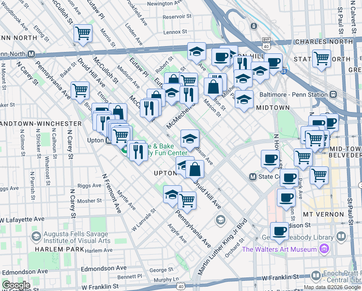 map of restaurants, bars, coffee shops, grocery stores, and more near 1421 McCulloh Street in Baltimore