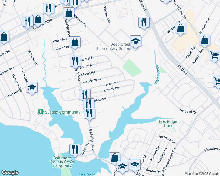 map of restaurants, bars, coffee shops, grocery stores, and more near 934 Kinwat Avenue in Essex