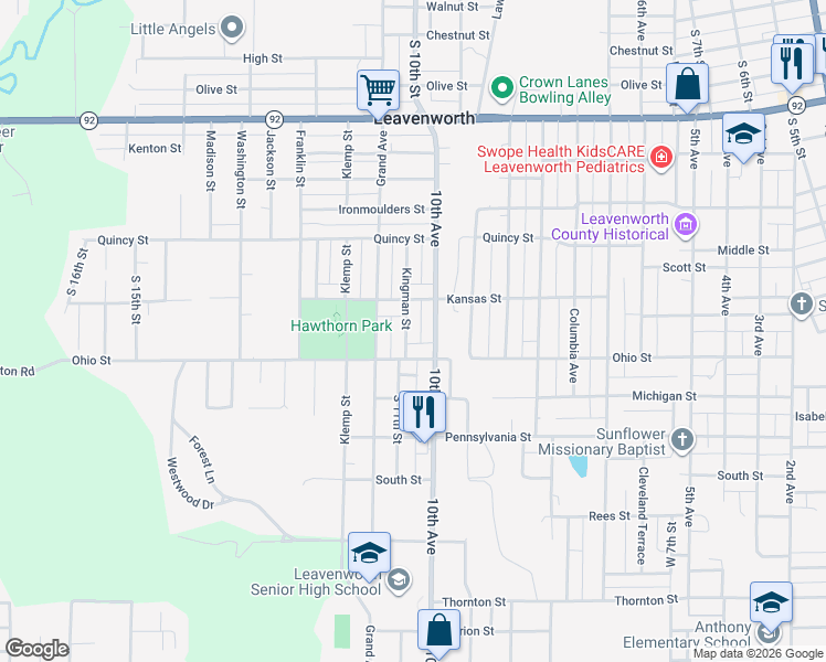 map of restaurants, bars, coffee shops, grocery stores, and more near 1429 Kingman Street in Leavenworth
