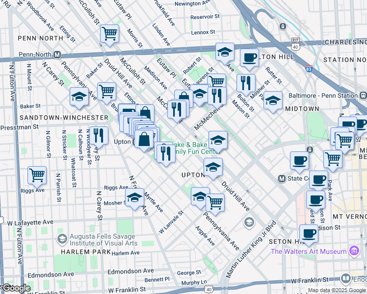 map of restaurants, bars, coffee shops, grocery stores, and more near 1528 Druid Hill Avenue in Baltimore