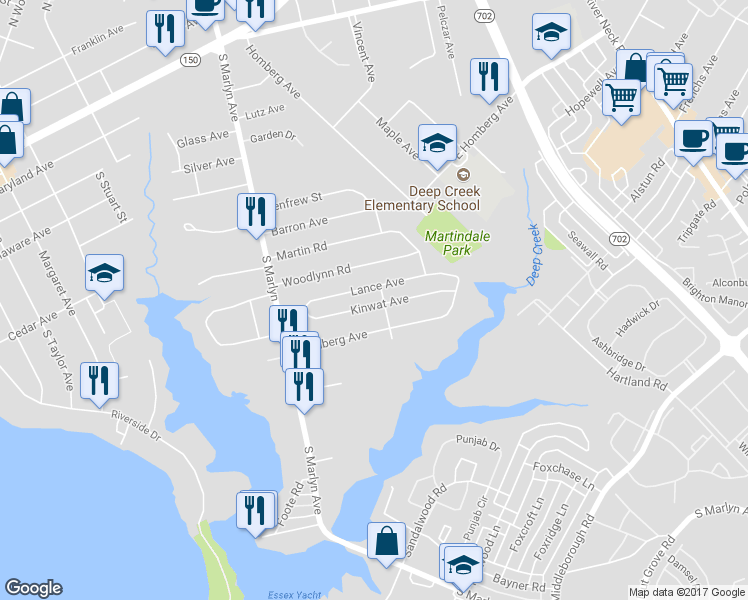 map of restaurants, bars, coffee shops, grocery stores, and more near 934 Kinwat Avenue in Essex