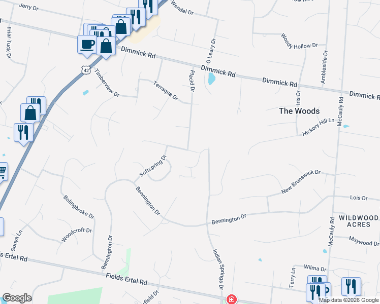 map of restaurants, bars, coffee shops, grocery stores, and more near 7692 Windy Knoll Drive in Butler County