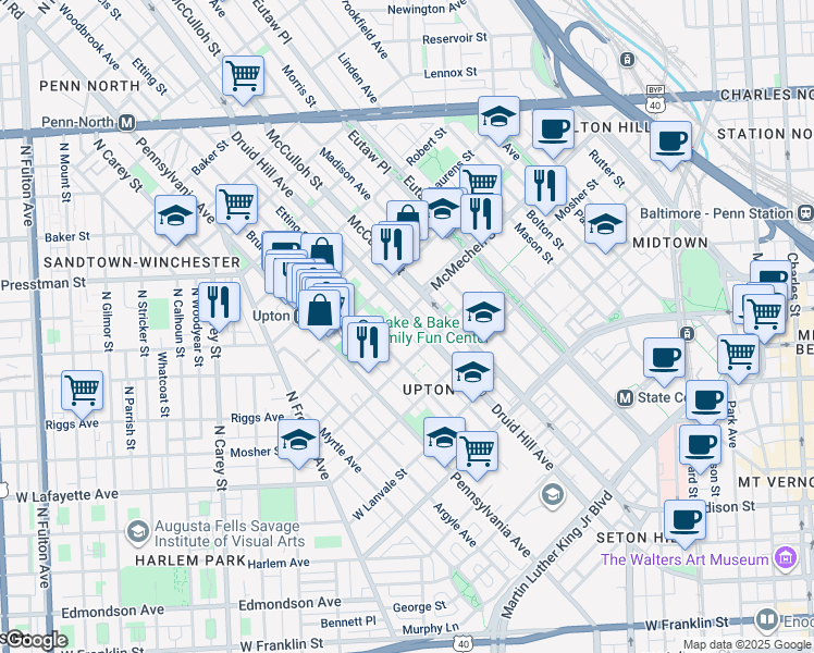 map of restaurants, bars, coffee shops, grocery stores, and more near 1528 Druid Hill Avenue in Baltimore