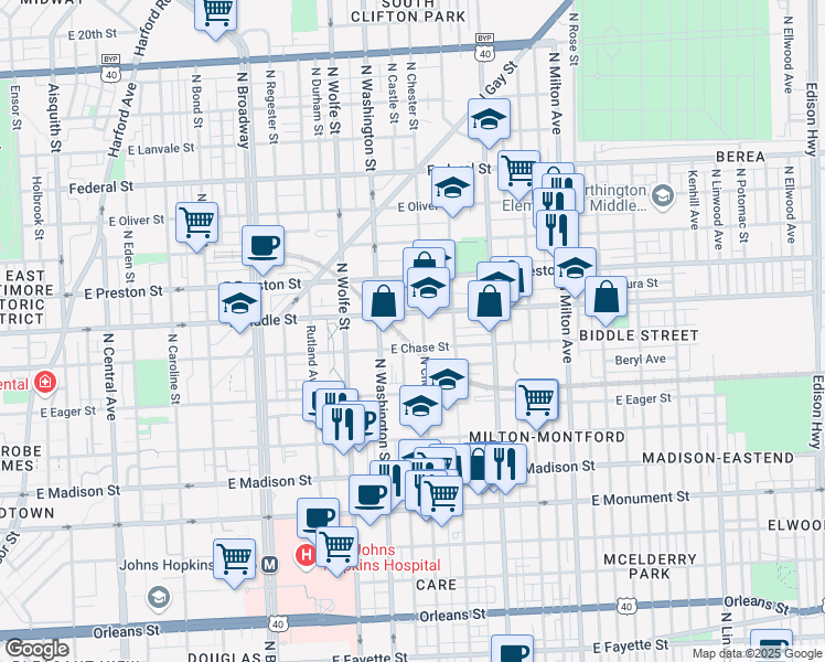 map of restaurants, bars, coffee shops, grocery stores, and more near 2039 East Biddle Street in Baltimore