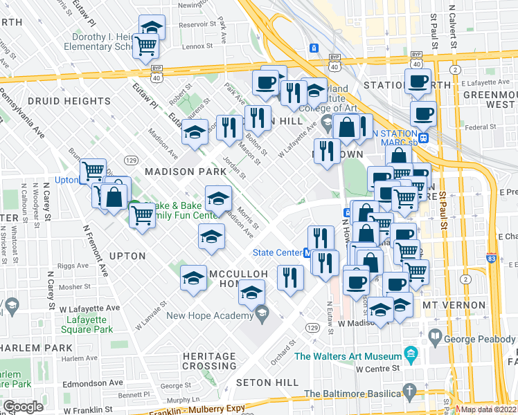 map of restaurants, bars, coffee shops, grocery stores, and more near Eutaw Pl & W Lanvale St in Baltimore